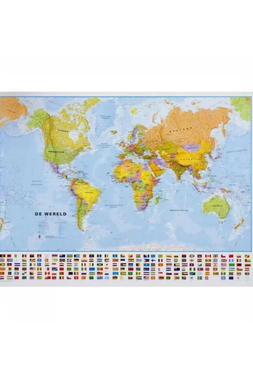 Maps International Wereld pol. gepl. met latjes +vlaggen mi