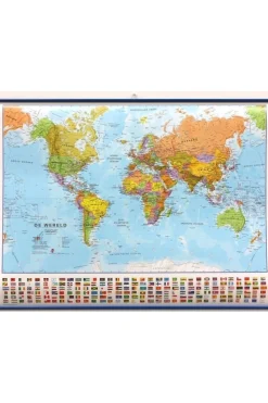 Maps International Wereld pol. gepl. met latjes +vlaggen mi
