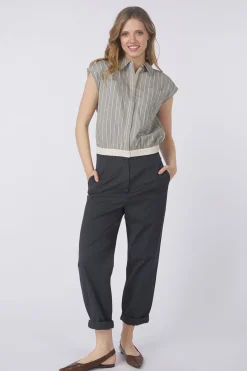 Yaya Broek Cotton Woven High Waist With Straight Leg