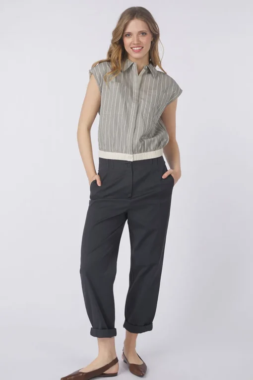 Yaya Broek Cotton Woven High Waist With Straight Leg