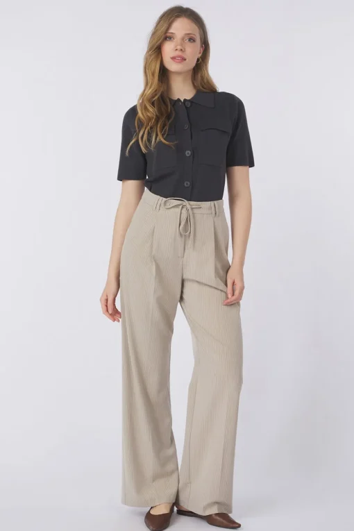 Yaya Broek Woven Pistripe Wide Leg With Belt And Cor