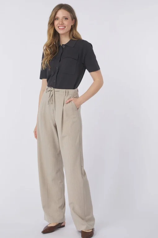 Yaya Broek Woven Pistripe Wide Leg With Belt And Cor